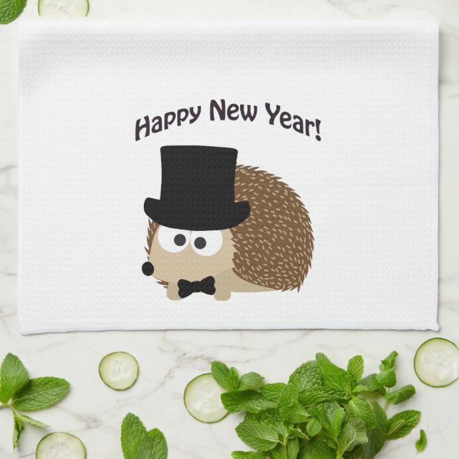 Happy New Year! Dapper Hedgehog Tea Towel (Folded)