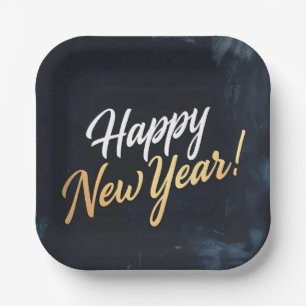 Happy New Year Deep Blue Strokes Paper Plate