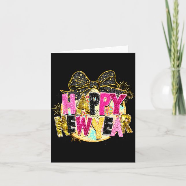 Happy New Year Disco Ball Coquette Bow New Years E Card (Front)