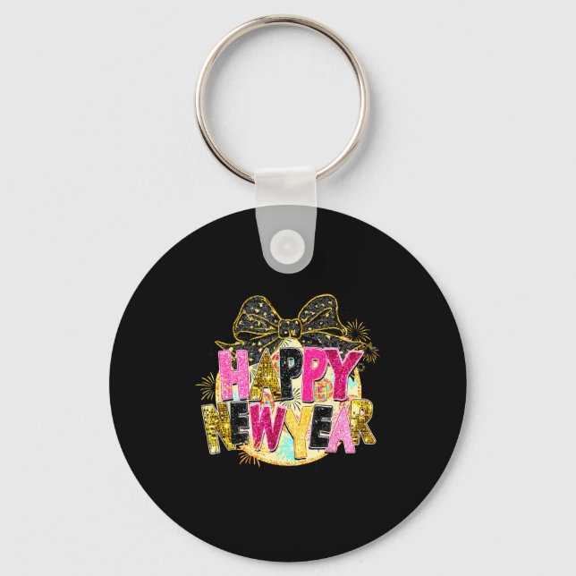 Happy New Year Disco Ball Coquette Bow New Years E Key Ring (Front)