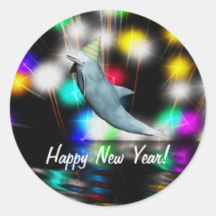 Happy New Year Dolphin and Fireworks Classic Round Sticker