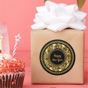 Happy New Year, elegant black and gold, Classic Round Sticker