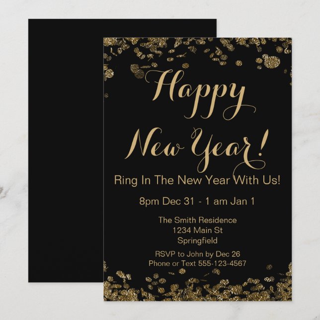 Happy New Year Elegant Black and Gold Confetti Invitation (Front/Back)