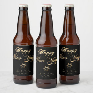 Happy New Year Elegant Black and Gold Look Star Beer Bottle Label
