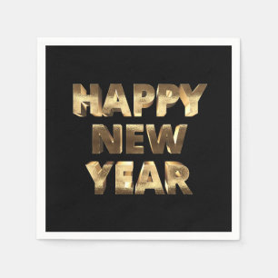 Happy New Year Elegant Black and Gold Napkin