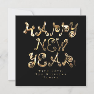 Happy New Year Elegant Black and Gold Script Holiday Card