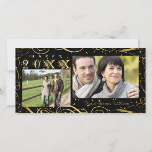 Happy New Year, Elegant Black and Gold Scroll Holiday Card