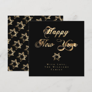 Happy New Year Elegant Black and Gold Stars Holiday Card