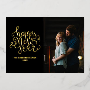 Happy New Year. Elegant black gold script photo  Foil Holiday Card