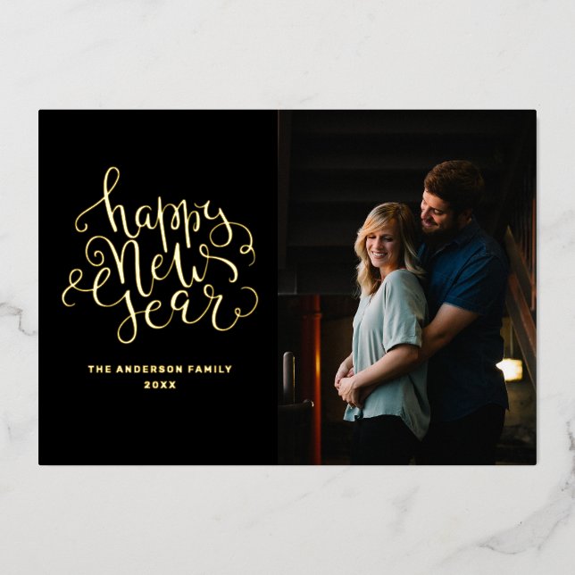 Happy New Year. Elegant black gold script photo  Foil Holiday Card (Front)