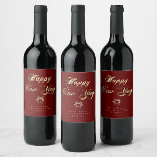 Happy New Year Elegant Burgundy Red Gold Look Star Wine Label