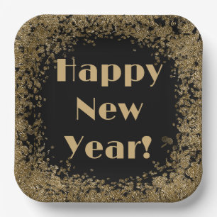 Happy New Year Elegant Gold and Black glitter Paper Plate