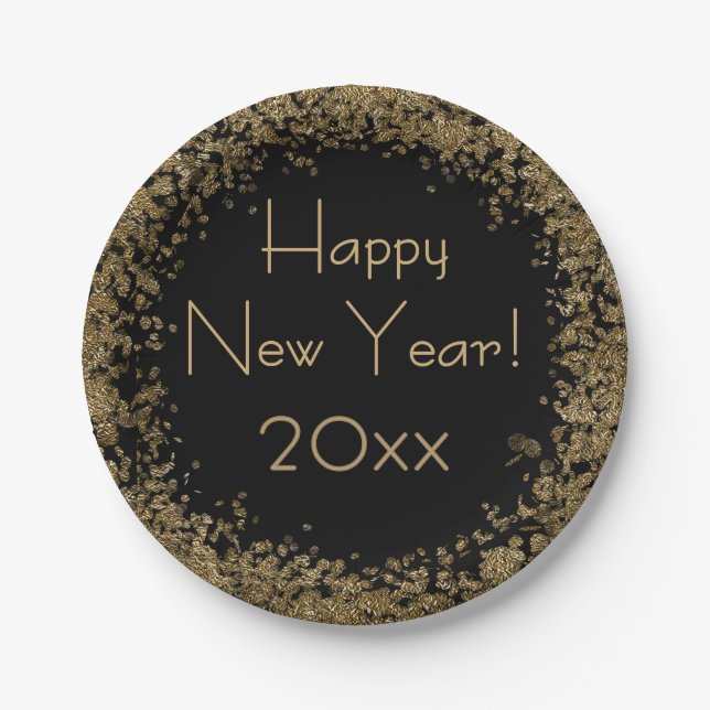Happy New Year Elegant Gold and Black Paper Plate (Front)