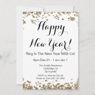 Happy New Year Elegant Gold and White Confetti Invitation