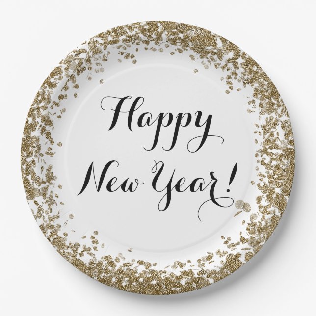 Happy New Year Elegant Gold and White Paper Plate (Front)