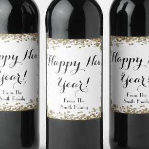 Happy New Year Elegant Gold and White Wine Label
