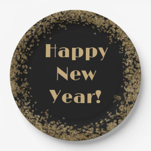 Happy New Year Elegant Gold Glitter and Black Paper Plate