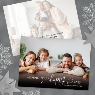Happy New Year Elegant Script 2 Photo Holiday Card