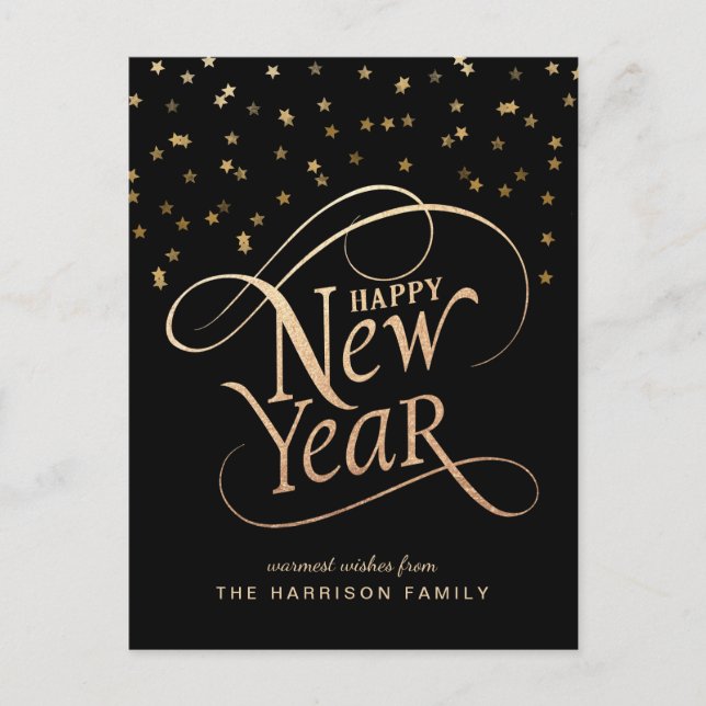 Happy New Year Elegant Script Black Gold Holiday Postcard (Front)