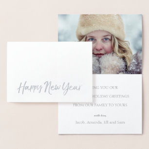 HAPPY NEW YEAR Elegant Script Holiday Photo SILVER Foil Card