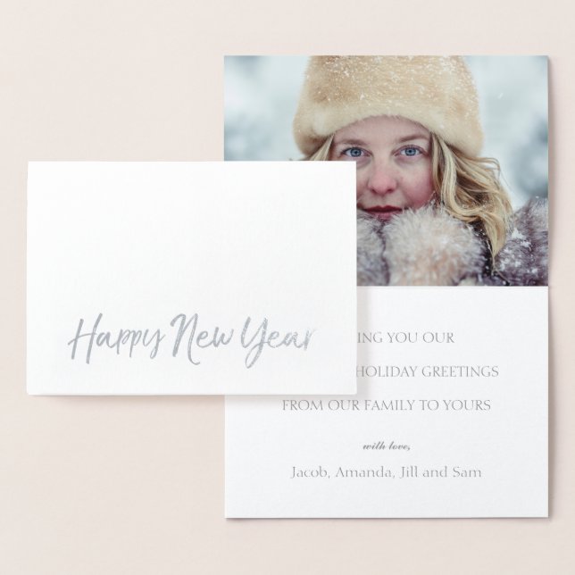 HAPPY NEW YEAR Elegant Script Holiday Photo SILVER Foil Card (Display)