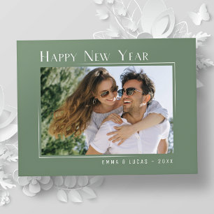 Happy New Year Elegant Simple Sage Green Photo Holiday Postcard