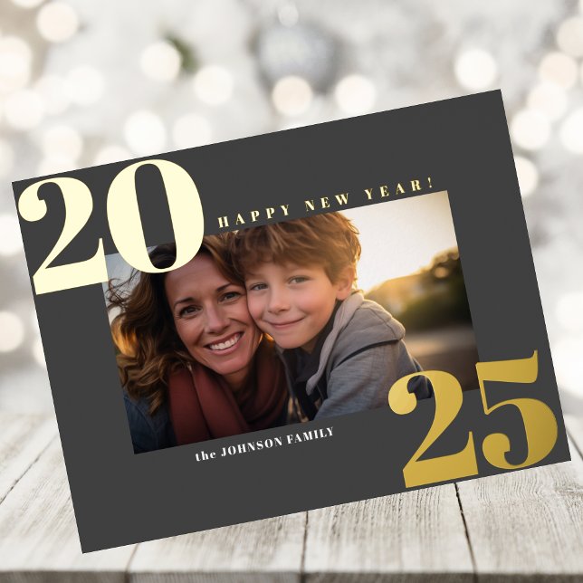 Happy new year! Family gold photo Foil Holiday Postcard (Creator Uploaded)