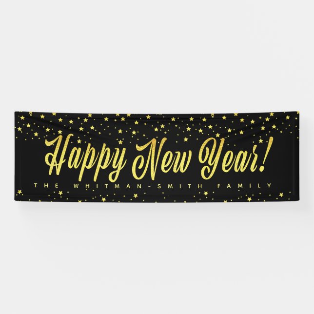 Happy New Year Family Large Black Gold Banner (Horizontal)