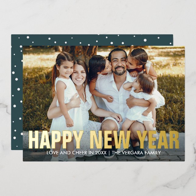 HAPPY NEW YEAR FAMILY PORTRAIT PHOTO  FOIL HOLIDAY CARD (Front/Back)
