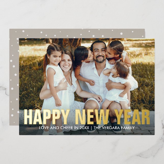 HAPPY NEW YEAR FAMILY PORTRAIT PHOTO  FOIL HOLIDAY CARD (Front/Back)