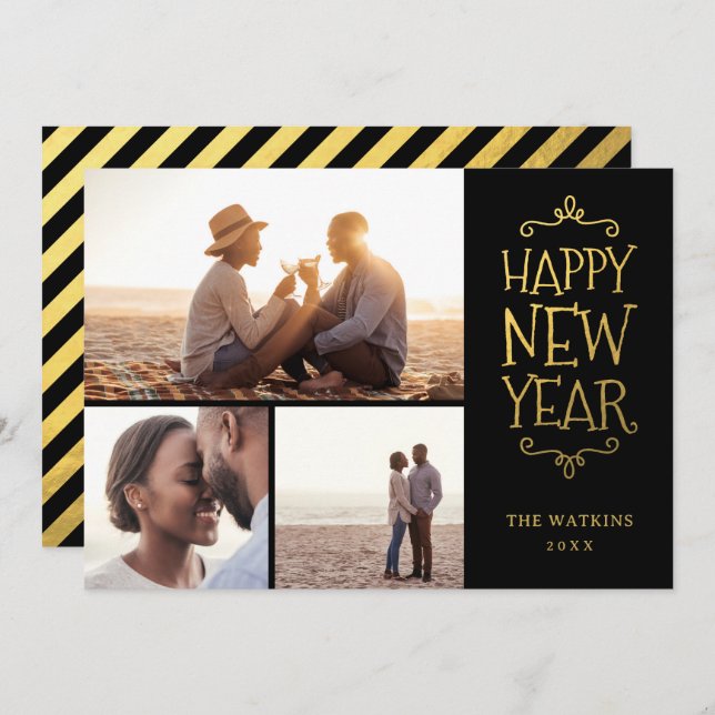 Happy New Year Faux Foil 3 Photo Collage Holiday Card (Front/Back)