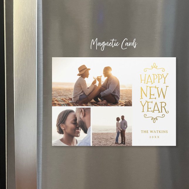 Happy New Year Faux Foil 3 Photo Magnetic Card (Creator Uploaded)