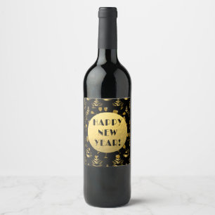 Happy New Year!   Faux Foil   Black and Gold Wine Label