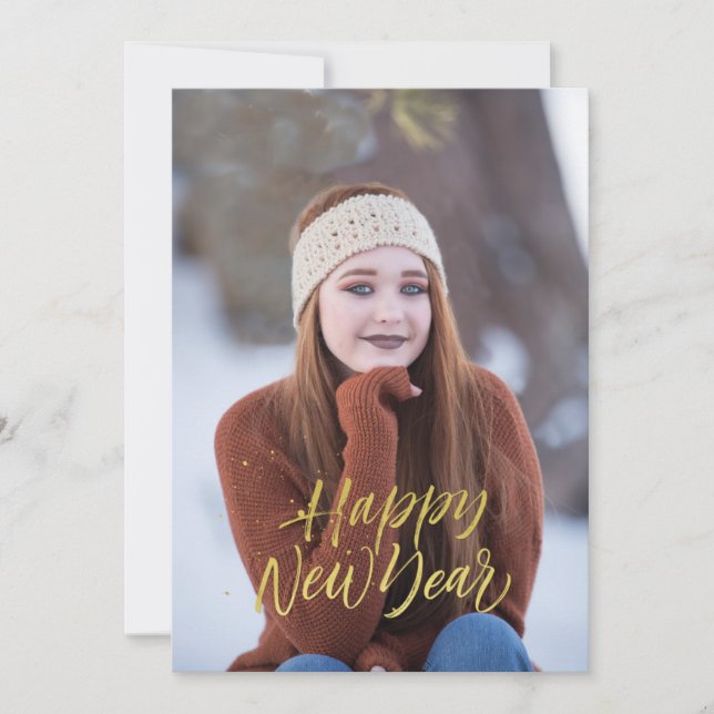 Happy New Year Faux Gold Script Holiday Card (Front)