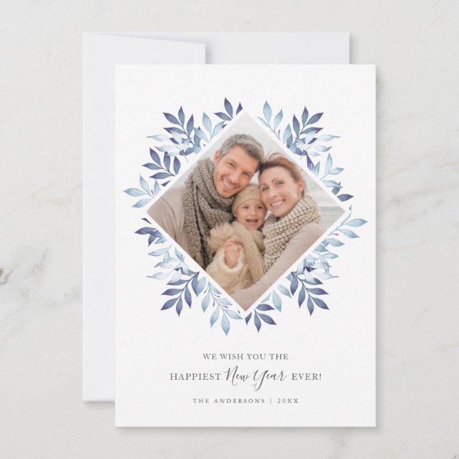 Happy New Year Festive Foliage Framed Photo Holiday Card (Front)