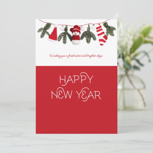 Happy New Year Festive Knit Snowman Greeting Card (Standing Front)