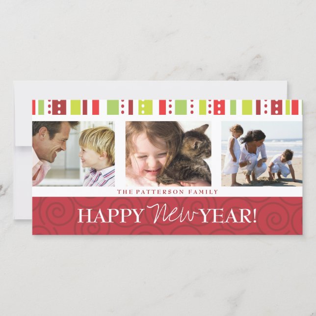 Happy New Year Festive Swirl Photo Collage in Red Holiday Card (Front)