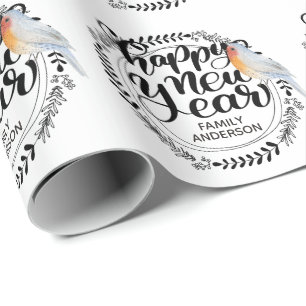 HAPPY NEW YEAR Festive Winter Robin Personalised Wrapping Paper