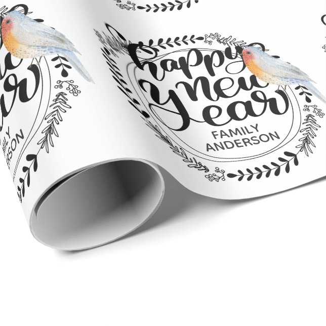 HAPPY NEW YEAR Festive Winter Robin Personalised Wrapping Paper (Roll Corner)