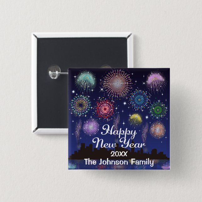 Happy New Year Fireworks 15 Cm Square Badge (Front & Back)
