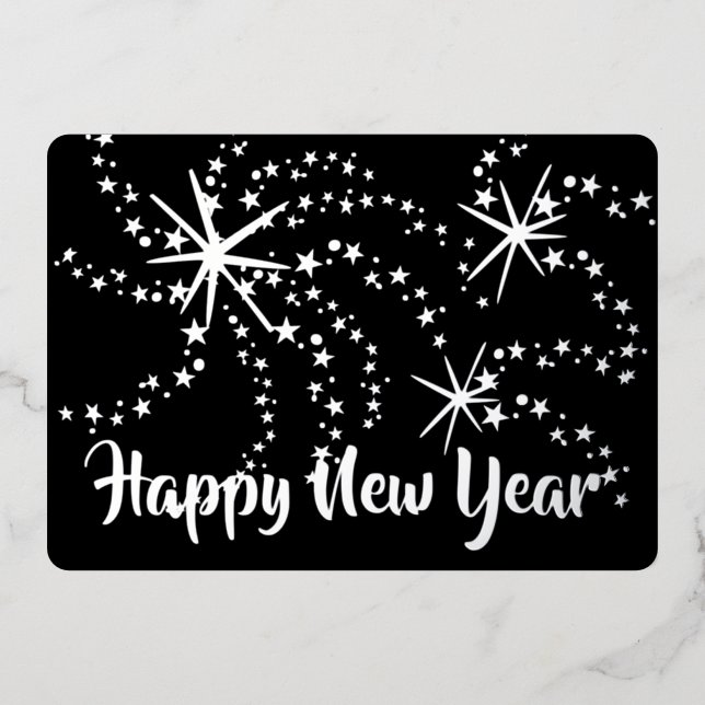 Happy New Year Fireworks 5 x 7 | Back Photo  Foil Holiday Card (Front)