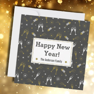 Happy New Year Fireworks and Champagne black gold Holiday Card