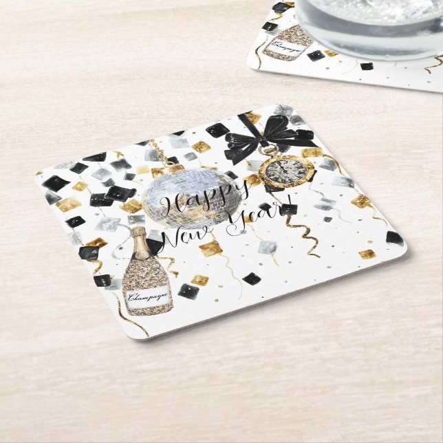 Happy New Year Fireworks Ball Black Gold Confetti Square Paper Coaster (Angled)