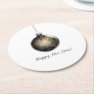 Happy New Year Fireworks Ball Round Paper Coaster
