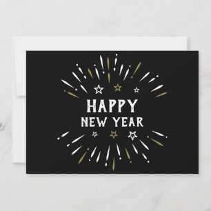 Happy New Year Fireworks Black White Gold Stars Holiday Card