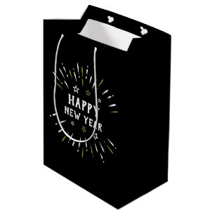 Happy New Year Fireworks Black White Gold Stars Medium Gift Bag