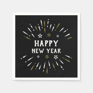 Happy New Year Fireworks Black White Gold Stars Napkin