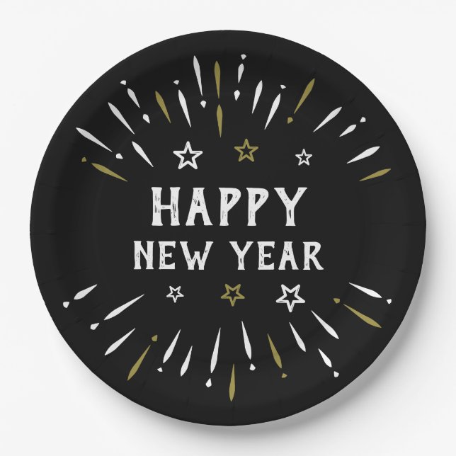 Happy New Year Fireworks Black White Gold Stars Paper Plate (Front)