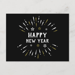 Happy New Year Fireworks Black White Gold Stars Postcard