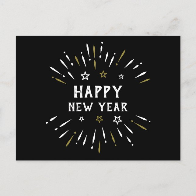 Happy New Year Fireworks Black White Gold Stars Postcard (Front)